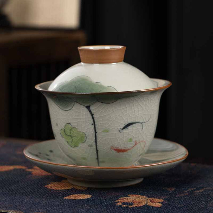 Buddha Stones Lotus Koi Fish Pod Leaf Ceramic Gaiwan Sancai Teacup Kung Fu Tea Cup And Saucer With Lid 140ml - Double Koi Fish Lotus Leaf 11.5cm*9.5cm*140ml - image 19