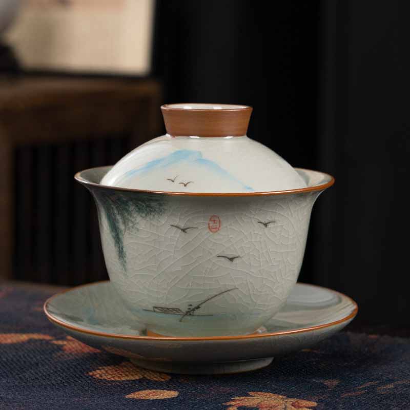 Buddha Stones Lotus Koi Fish Pod Leaf Ceramic Gaiwan Sancai Teacup Kung Fu Tea Cup And Saucer With Lid 140ml - Leaf Boat 11.5cm*9.5cm*140ml - image 20