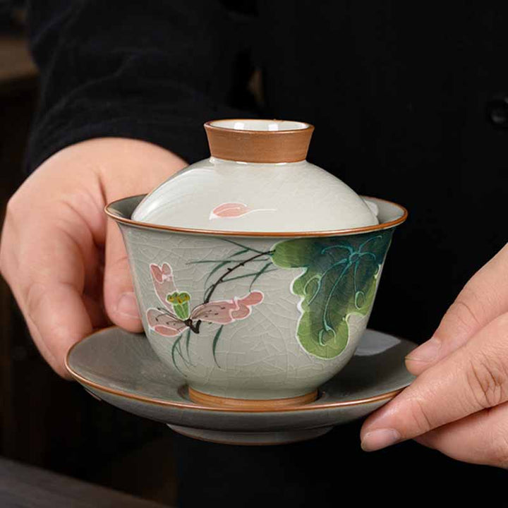 Buddha Stones Lotus Koi Fish Pod Leaf Ceramic Gaiwan Sancai Teacup Kung Fu Tea Cup And Saucer With Lid 140ml - image 7