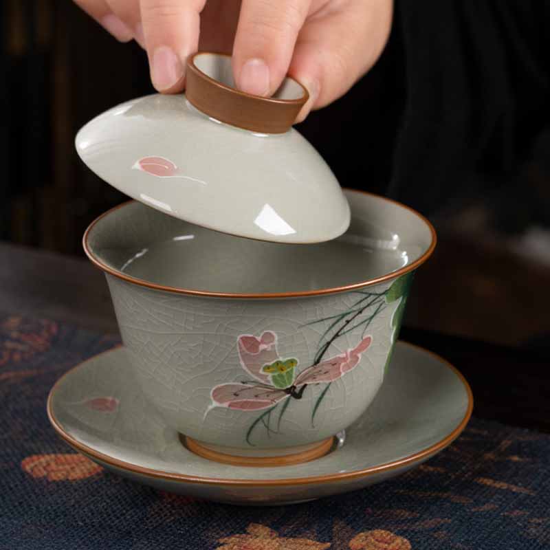 Buddha Stones Lotus Koi Fish Pod Leaf Ceramic Gaiwan Sancai Teacup Kung Fu Tea Cup And Saucer With Lid 140ml - image 9