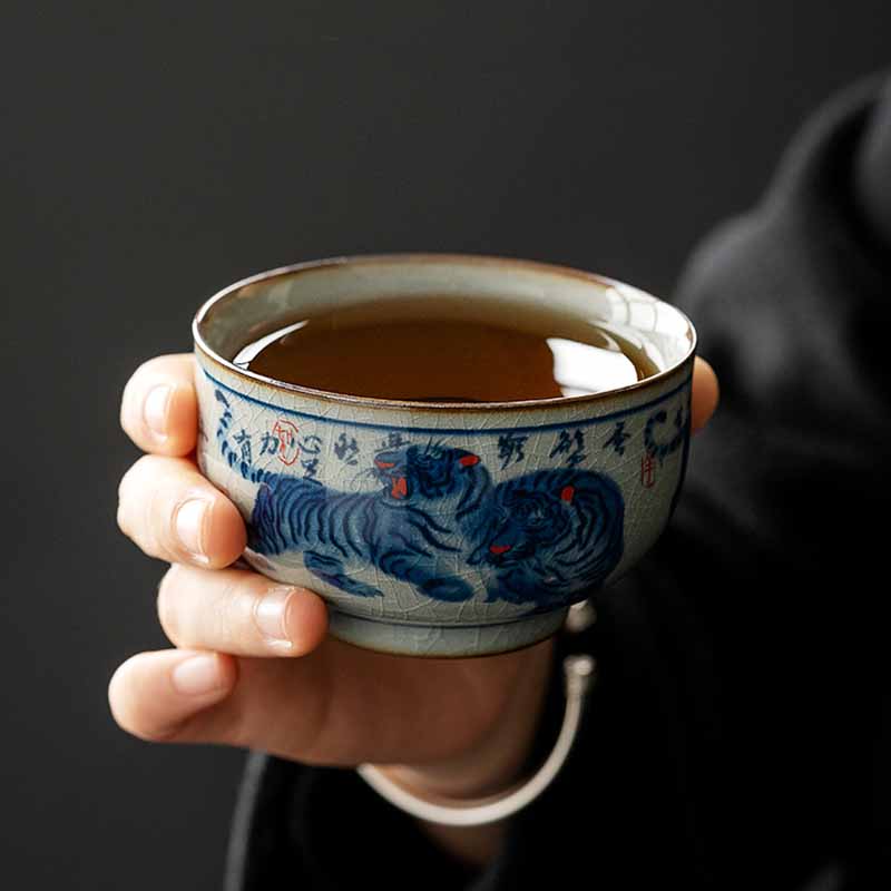 Buddha Stones Jingdezhen Hand Painted Cute Tiger Ceramic Teacup Kung Fu Tea Cup Bowl 140ml - Tiger 8.5cm*4cm*140ml(With Gift Box) - image 0