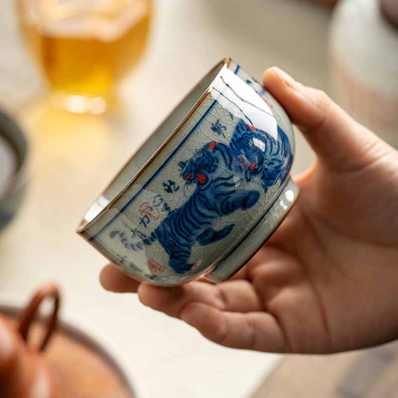 Buddha Stones Jingdezhen Hand Painted Cute Tiger Ceramic Teacup Kung Fu Tea Cup Bowl 140ml - image 1