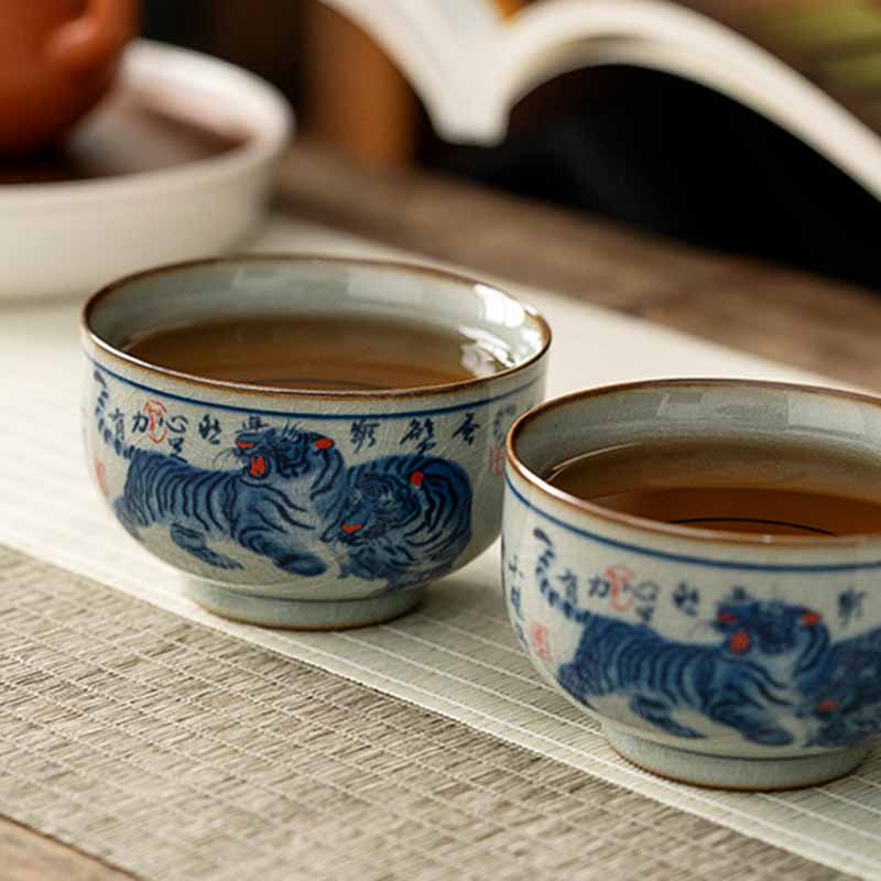 Buddha Stones Jingdezhen Hand Painted Cute Tiger Ceramic Teacup Kung Fu Tea Cup Bowl 140ml - image 10