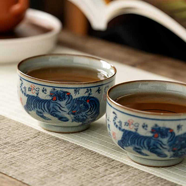 Buddha Stones Jingdezhen Hand Painted Cute Tiger Ceramic Teacup Kung Fu Tea Cup Bowl 140ml - image 10
