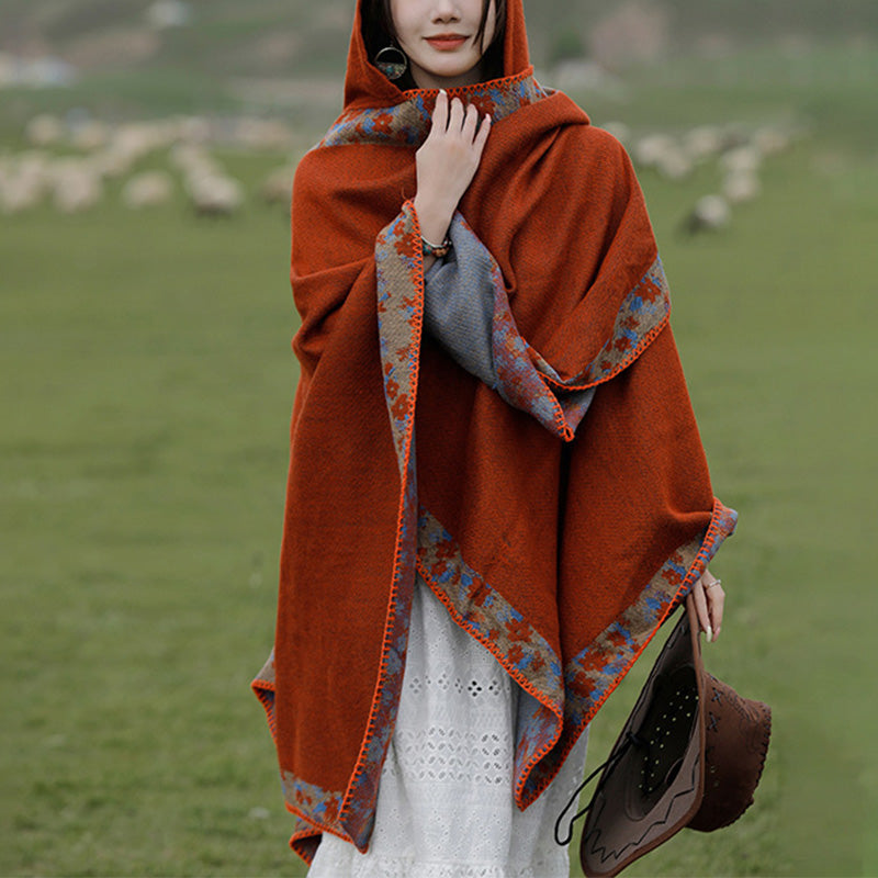 Buddha Stones Tibetan Shawl Border Small Floral Flower Hooded Cloak Winter Cozy Travel Scarf Wrap - image 1