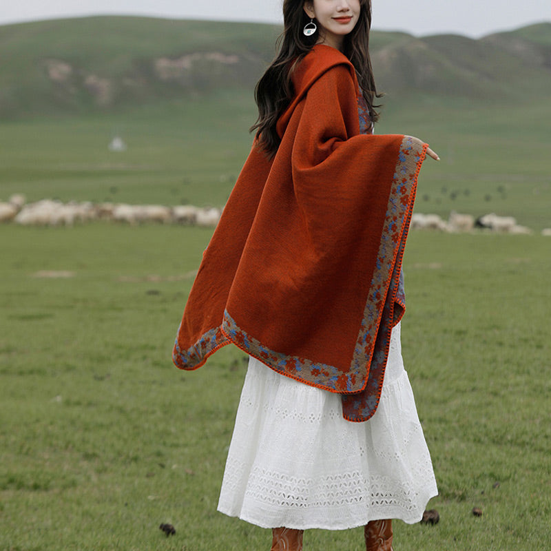 Buddha Stones Tibetan Shawl Border Small Floral Flower Hooded Cloak Winter Cozy Travel Scarf Wrap - image 8