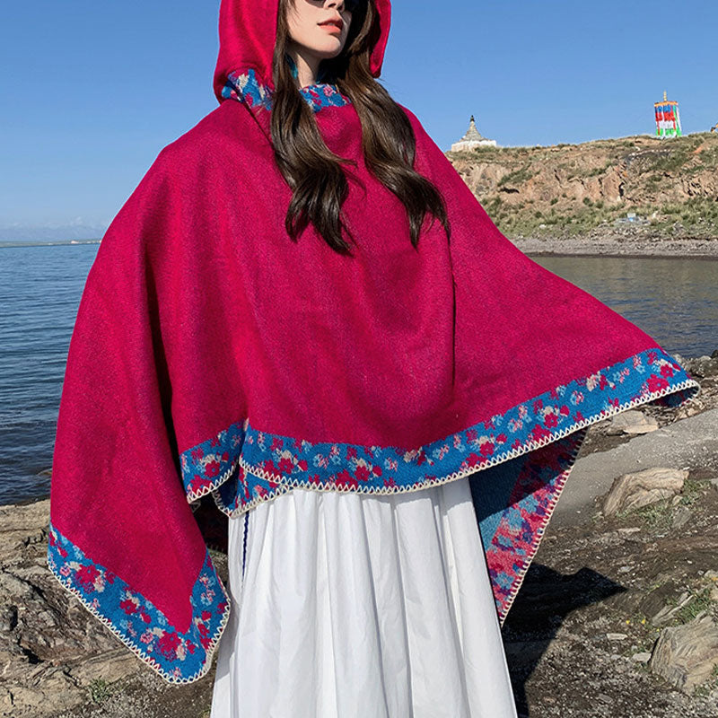 Buddha Stones Tibetan Shawl Border Small Floral Flower Hooded Cloak Winter Cozy Travel Scarf Wrap - image 21