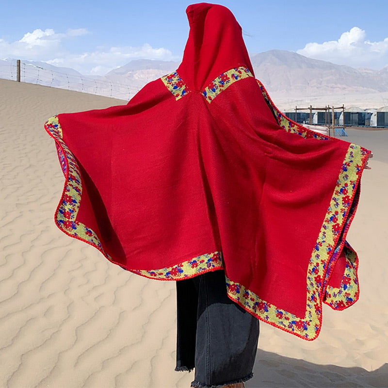 Buddha Stones Tibetan Shawl Border Small Floral Flower Hooded Cloak Winter Cozy Travel Scarf Wrap - image 30