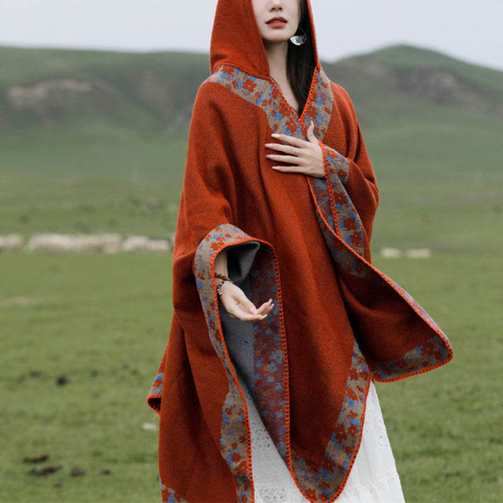 Buddha Stones Tibetan Shawl Border Small Floral Flower Hooded Cloak Winter Cozy Travel Scarf Wrap - image 3