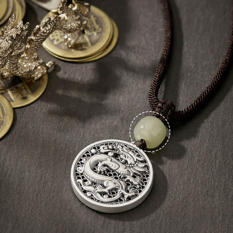 Buddha Stones 999 Sterling Silver Year of the Dragon Fu Character Hetian Jade Success Necklace Pendant - image 9