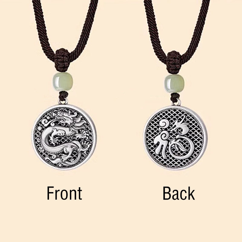 Buddha Stones 999 Sterling Silver Year of the Dragon Fu Character Hetian Jade Success Necklace Pendant - image 5