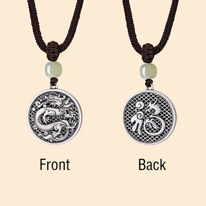 Buddha Stones 999 Sterling Silver Year of the Dragon Fu Character Hetian Jade Success Necklace Pendant - image 5