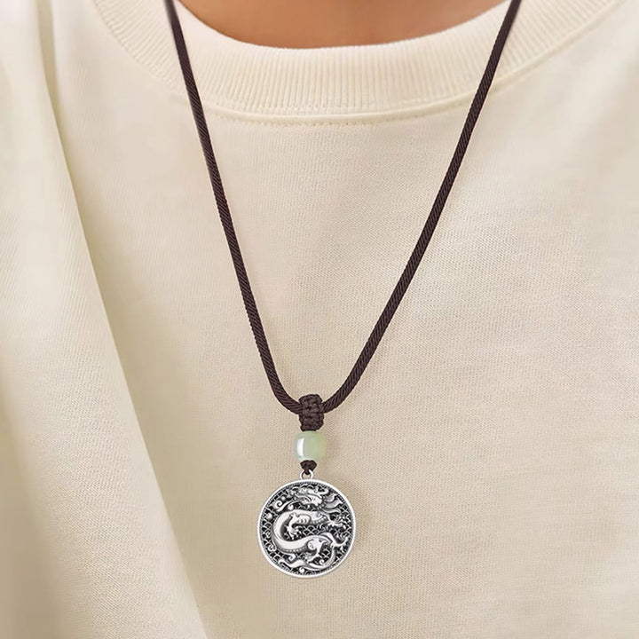 Buddha Stones 999 Sterling Silver Year of the Dragon Fu Character Hetian Jade Success Necklace Pendant - image 7