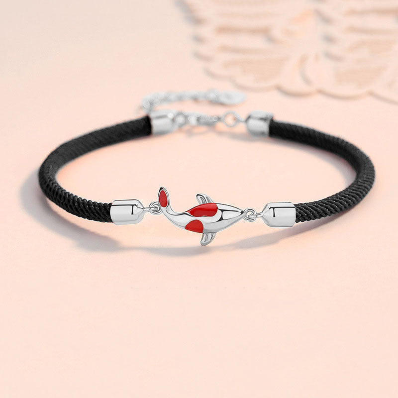 Buddha Stones Koi Fish Luck Wealth Braided Chain Couple Bracelet - Silver Koi Fish Black Bracelet(Wrist Circumference 14-21cm) - image 4
