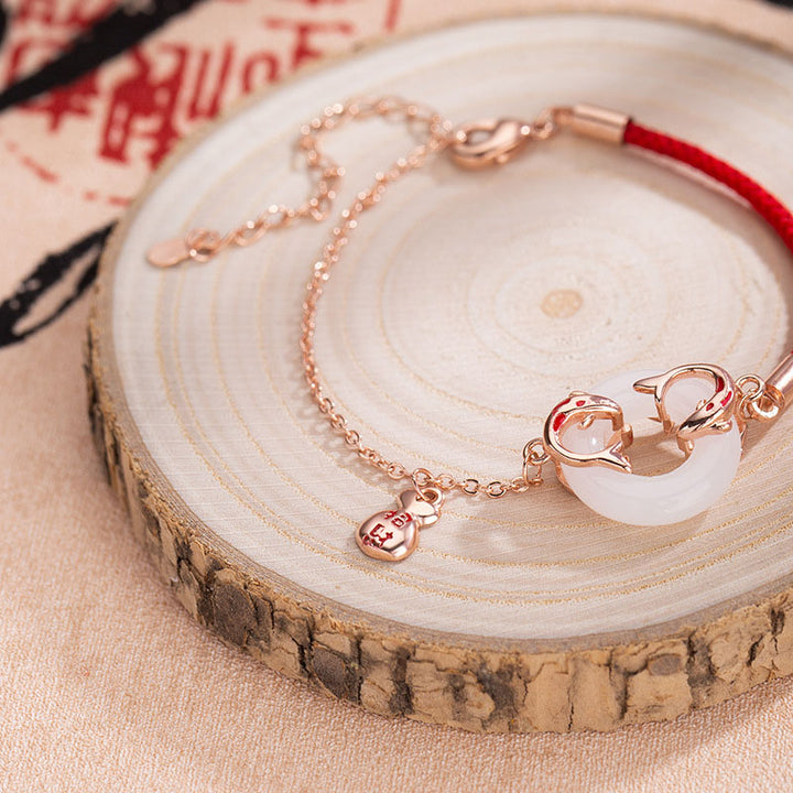Buddha Stones White Jade Double Koi Fish Peace Buckle Attract Fortune Luck Charm Bracelet - image 2