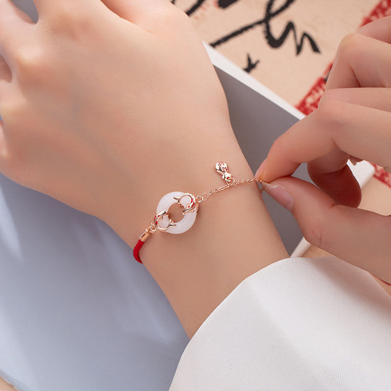 Buddha Stones White Jade Double Koi Fish Peace Buckle Attract Fortune Luck Charm Bracelet - image 7