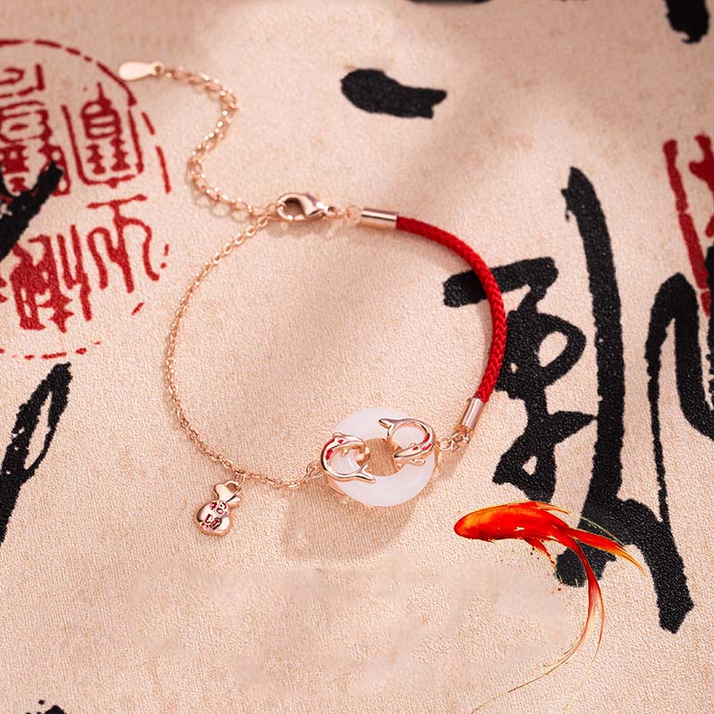 Buddha Stones White Jade Double Koi Fish Peace Buckle Attract Fortune Luck Charm Bracelet - Koi Fish(Luck♥Prosperity)(Wrist Circumference 14-18cm) - image 0