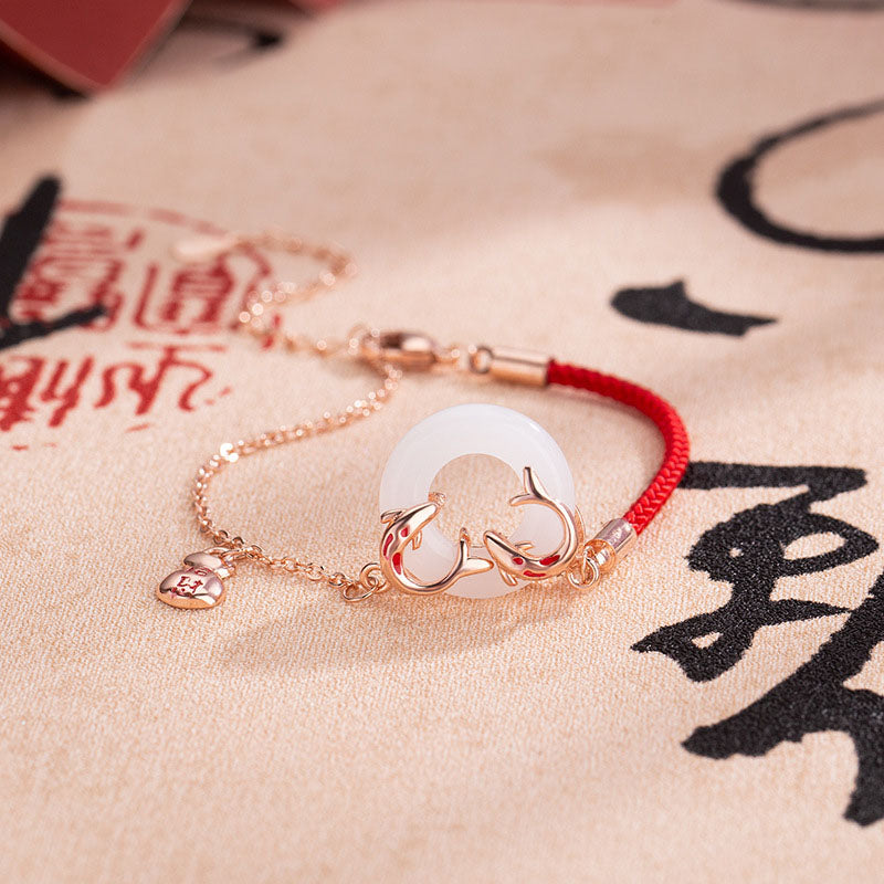 Buddha Stones White Jade Double Koi Fish Peace Buckle Attract Fortune Luck Charm Bracelet - image 1