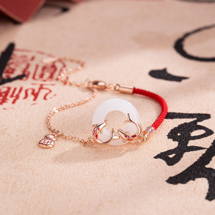 Buddha Stones White Jade Double Koi Fish Peace Buckle Attract Fortune Luck Charm Bracelet - image 1
