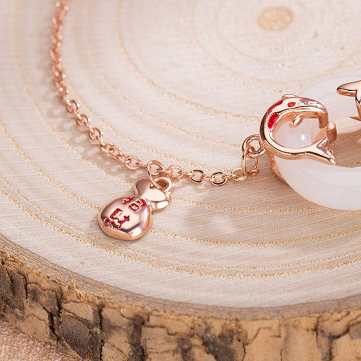 Buddha Stones White Jade Double Koi Fish Peace Buckle Attract Fortune Luck Charm Bracelet - image 4