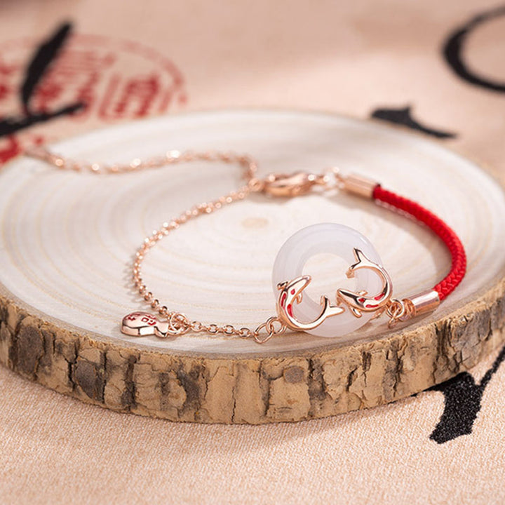 Buddha Stones White Jade Double Koi Fish Peace Buckle Attract Fortune Luck Charm Bracelet - image 3