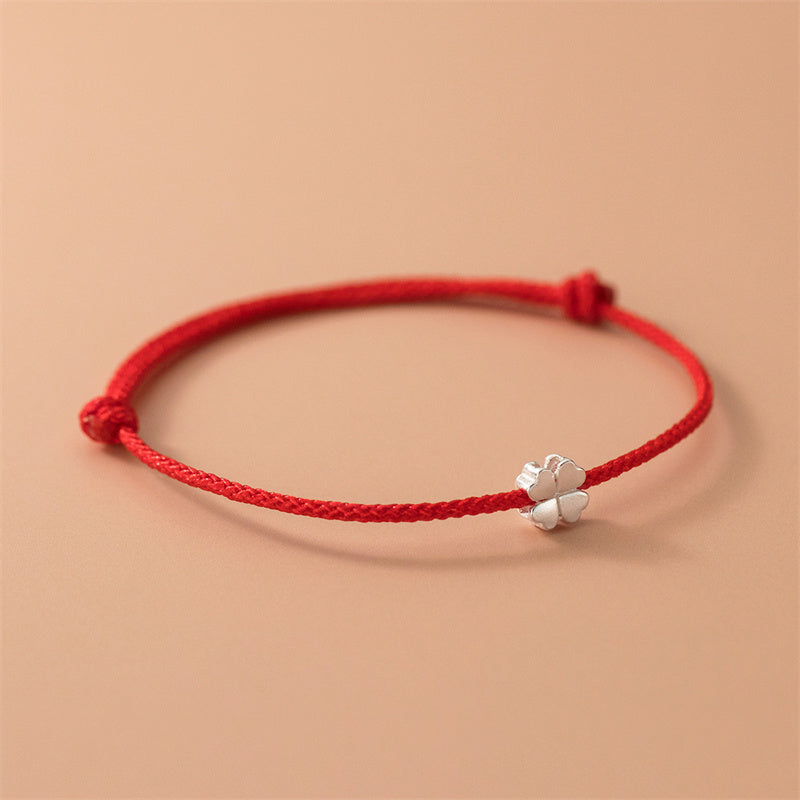 Buddha Stones 925 Sterling Silver Four Leaf Clover Red Rope Bracelet - image 1