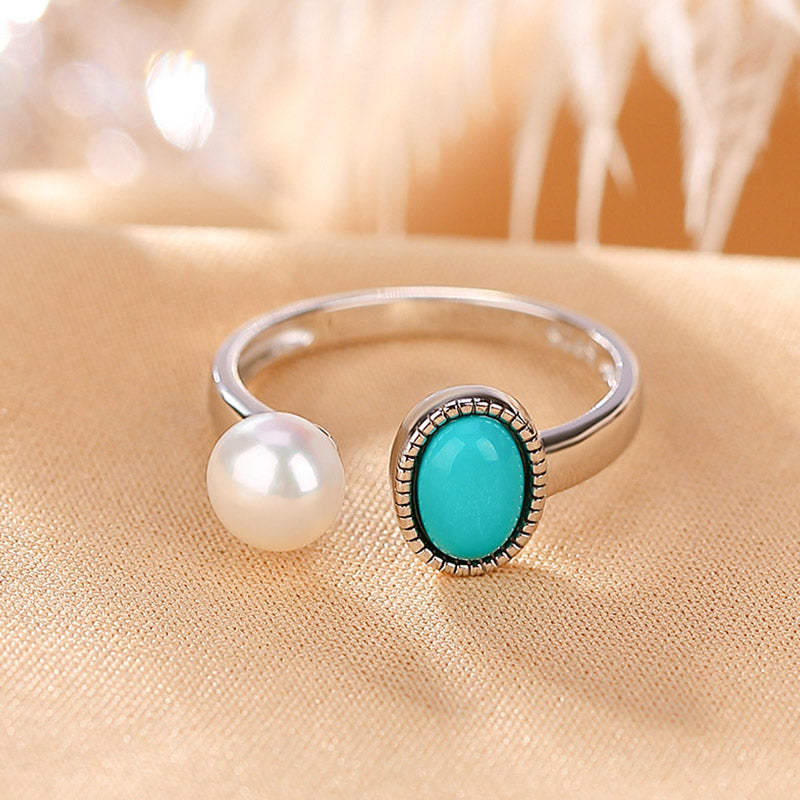 Buddha Stones 925 Sterling Silver Pearl Turquoise Healing Wisdom Necklace Pendant Ring Earrings - Ring 54-60mm(Adjustable) - image 6