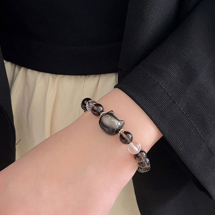 Buddha Stones Natural Ice Obsidian Silver Sheen Obsidian Cute Cat Positive Bracelet - image 4