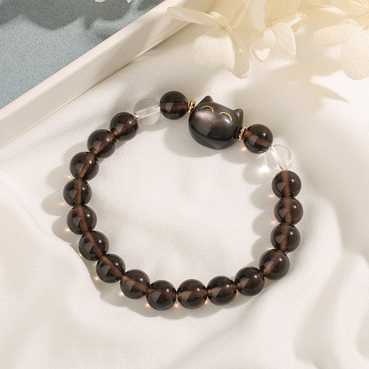 Buddha Stones Natural Ice Obsidian Silver Sheen Obsidian Cute Cat Positive Bracelet - image 2