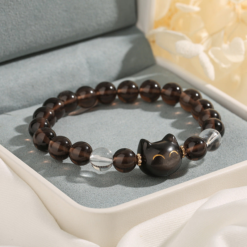 Buddha Stones Natural Ice Obsidian Silver Sheen Obsidian Cute Cat Positive Bracelet - 14-16cm - image 0