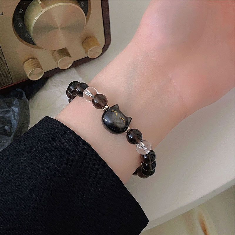Buddha Stones Natural Ice Obsidian Silver Sheen Obsidian Cute Cat Positive Bracelet - image 3