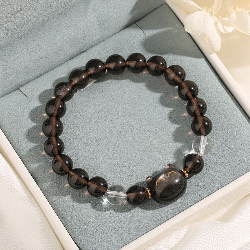 Buddha Stones Natural Ice Obsidian Silver Sheen Obsidian Cute Cat Positive Bracelet - image 1