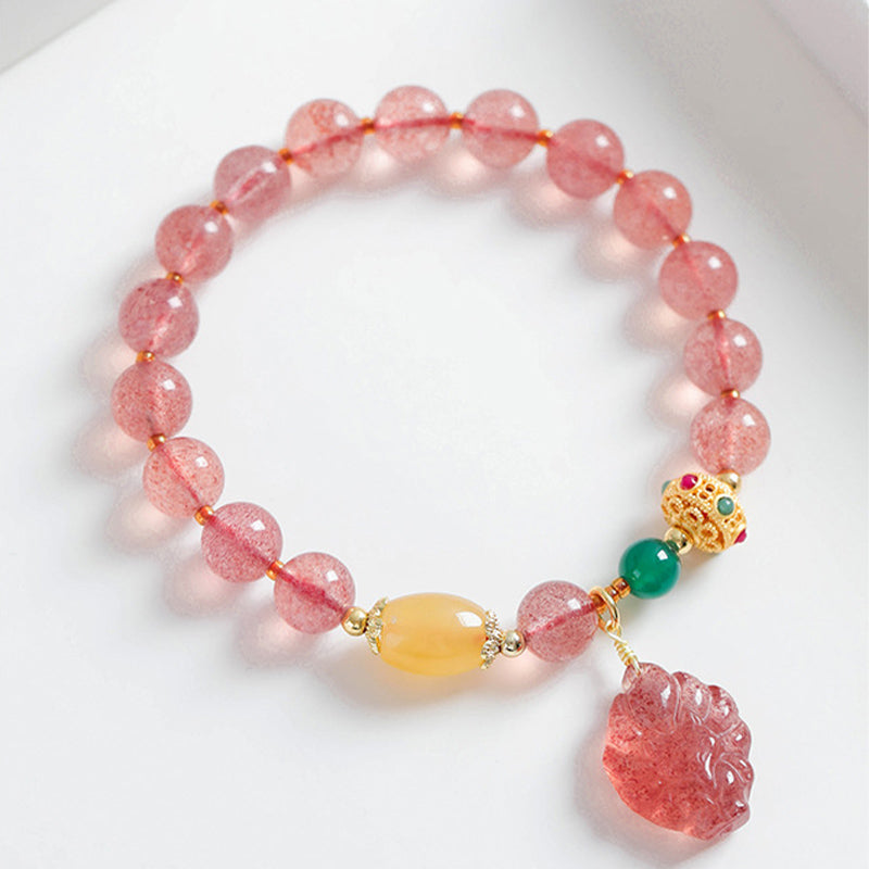 Buddha Stones Natural Strawberry Quartz Nine Tailed Fox Healing Bracelet - image 1