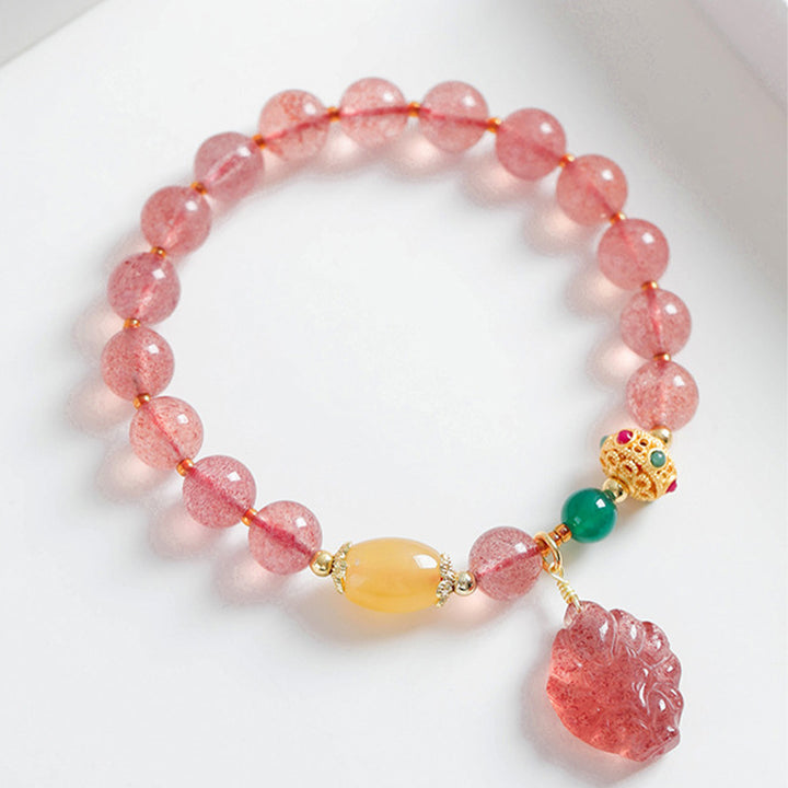 Buddha Stones Natural Strawberry Quartz Nine Tailed Fox Healing Bracelet - image 1