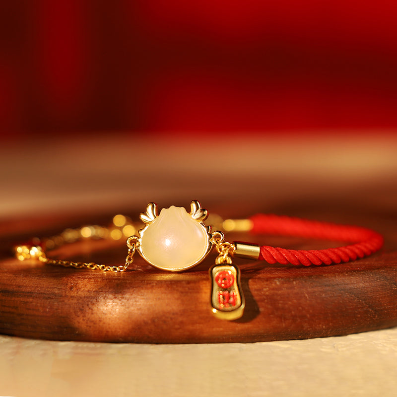 Buddha Stones 925 Sterling Silver Year Of The Dragon Hetian White Jade Chinese Steamed Bun Dragon Design Fortune Blessing Bracelet - image 0