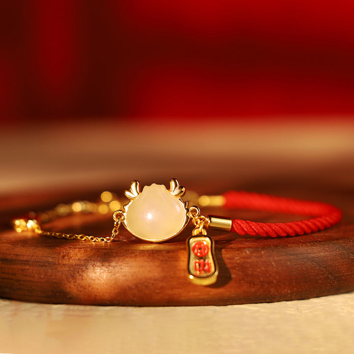 Buddha Stones 925 Sterling Silver Year Of The Dragon Hetian White Jade Chinese Steamed Bun Dragon Design Fortune Blessing Bracelet - image 0