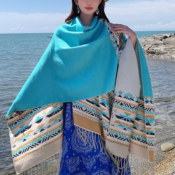 Buddha Stones Tibetan Shawl Colorful Geometry Winter Cozy Travel Scarf Wrap - Light Blue Beige 150*130cm - image 28