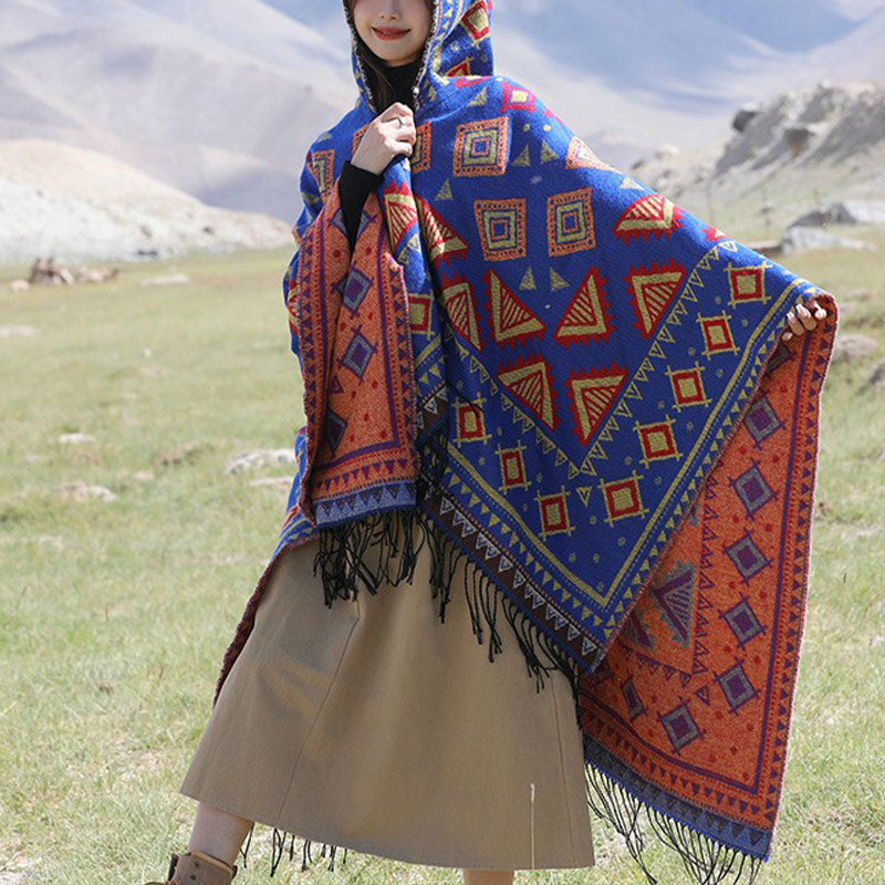 Buddha Stones Tibetan Shawl Triangle Pattern Hooded Cloak Winter Cozy Travel Scarf Wrap - Blue 130*150cm - image 0