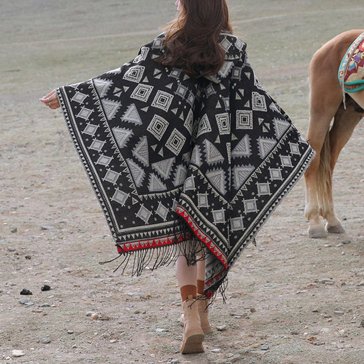 Buddha Stones Tibetan Shawl Triangle Pattern Hooded Cloak Winter Cozy Travel Scarf Wrap - Black 130*150cm - image 3