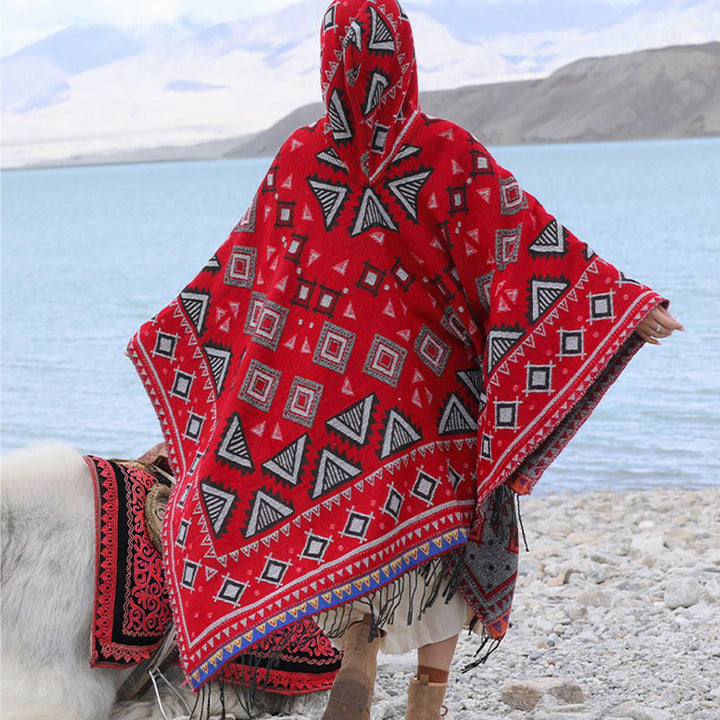 Buddha Stones Tibetan Shawl Triangle Pattern Hooded Cloak Winter Cozy Travel Scarf Wrap - Red 130*150cm - image 6