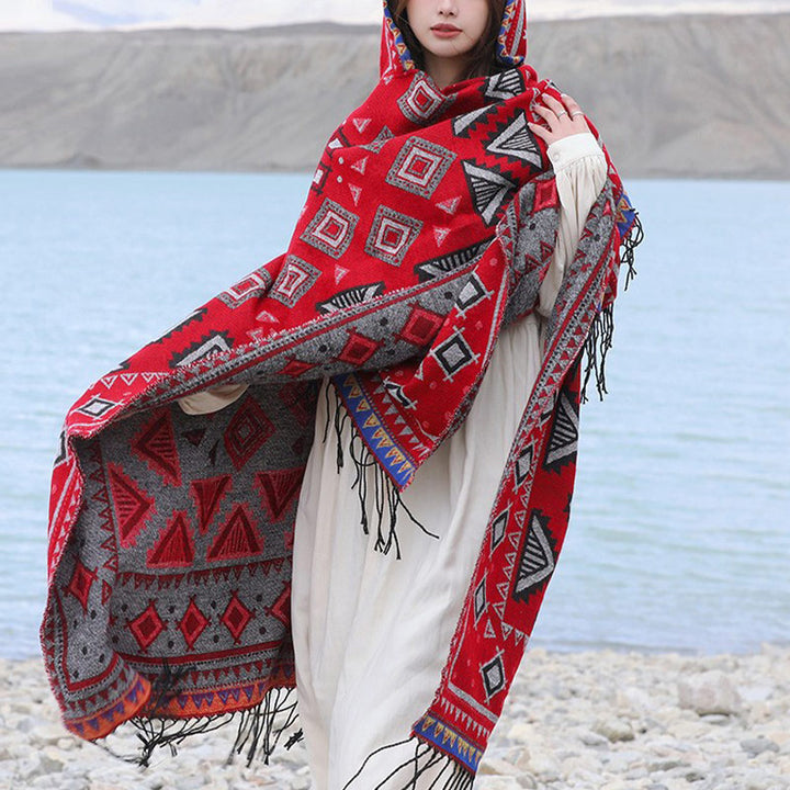 Buddha Stones Tibetan Shawl Triangle Pattern Hooded Cloak Winter Cozy Travel Scarf Wrap - image 7