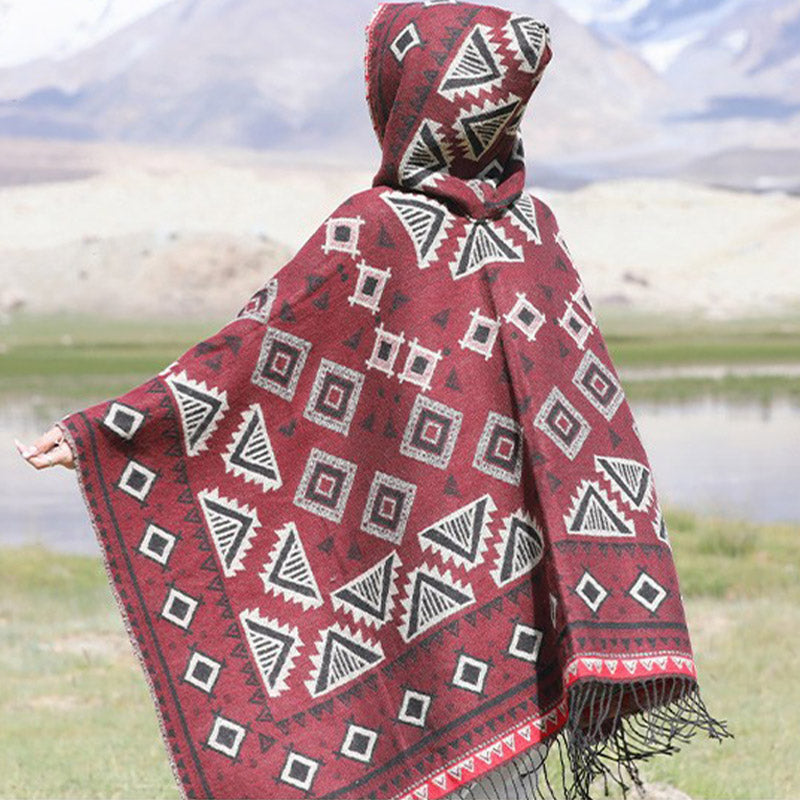 Buddha Stones Tibetan Shawl Triangle Pattern Hooded Cloak Winter Cozy Travel Scarf Wrap - image 12