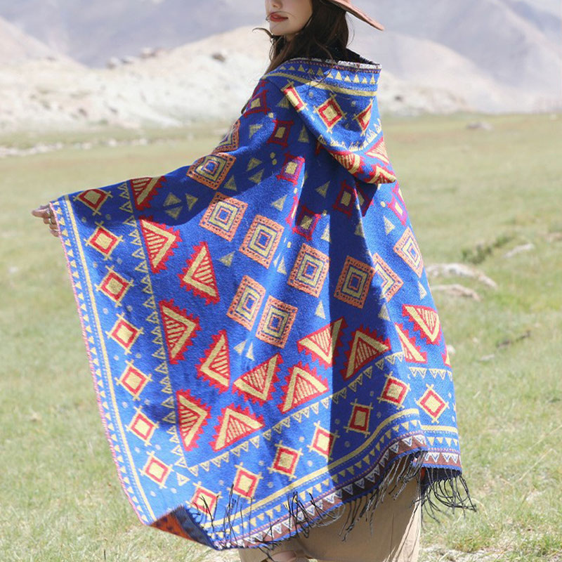 Buddha Stones Tibetan Shawl Triangle Pattern Hooded Cloak Winter Cozy Travel Scarf Wrap - image 1