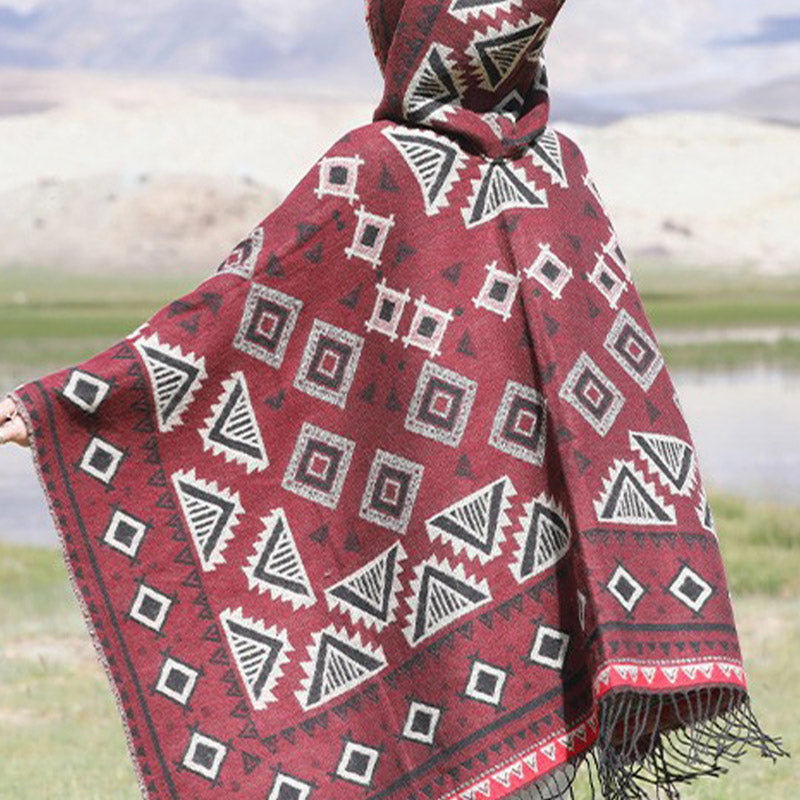 Buddha Stones Tibetan Shawl Triangle Pattern Hooded Cloak Winter Cozy Travel Scarf Wrap - image 13
