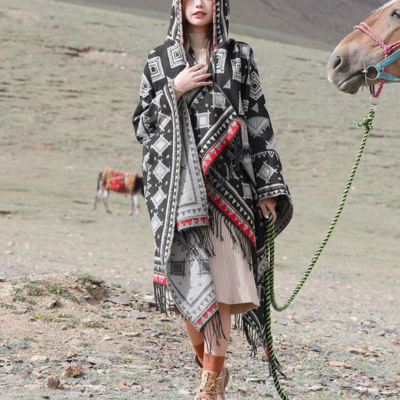 Buddha Stones Tibetan Shawl Triangle Pattern Hooded Cloak Winter Cozy Travel Scarf Wrap - image 4
