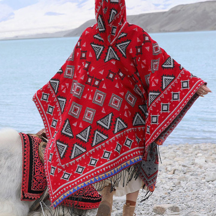 Buddha Stones Tibetan Shawl Triangle Pattern Hooded Cloak Winter Cozy Travel Scarf Wrap - image 9
