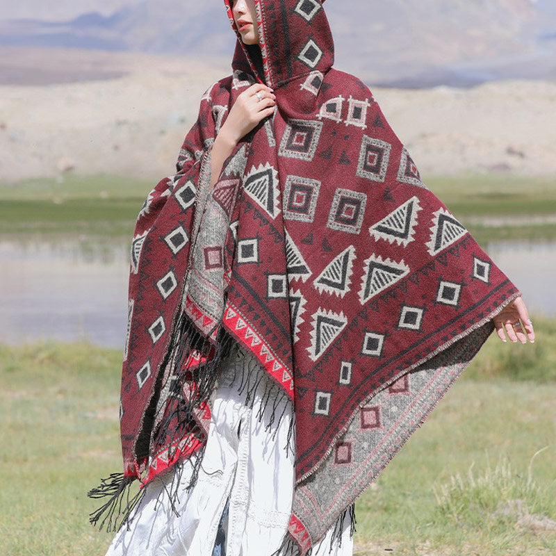 Buddha Stones Tibetan Shawl Triangle Pattern Hooded Cloak Winter Cozy Travel Scarf Wrap - image 11