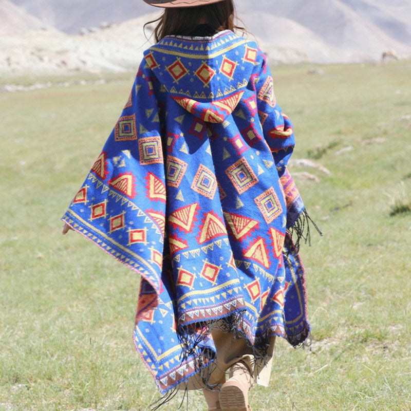 Buddha Stones Tibetan Shawl Triangle Pattern Hooded Cloak Winter Cozy Travel Scarf Wrap - image 2