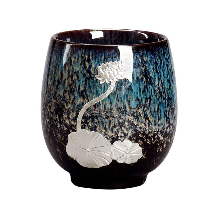 Buddha Stones Silver Lotus Flower Leaf Chinese Jianzhan Ceramic Teacup Kung Fu Tea Cup 150ml - image 7
