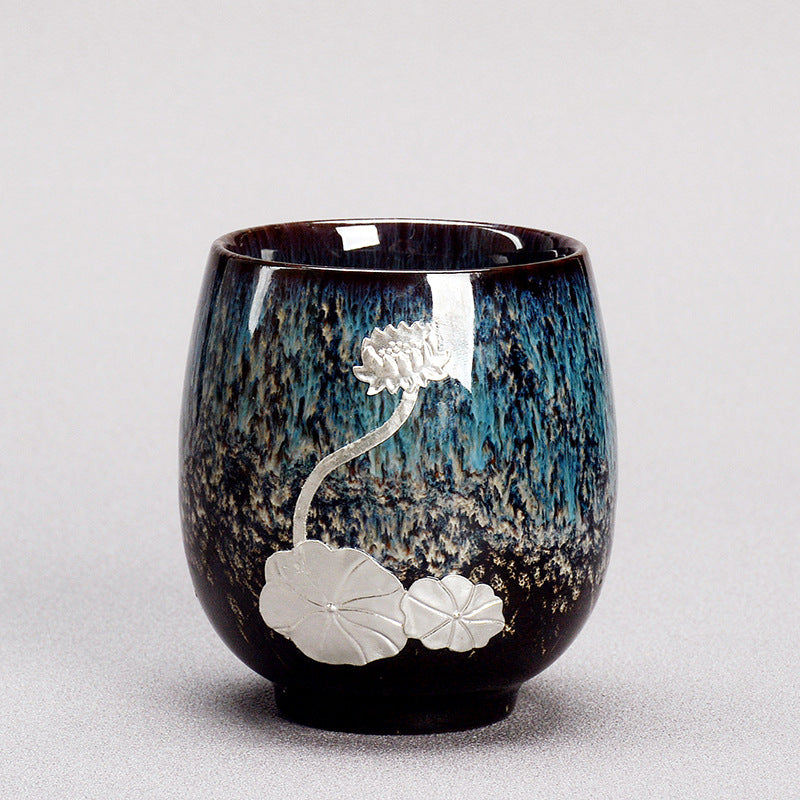 Buddha Stones Silver Lotus Flower Leaf Chinese Jianzhan Ceramic Teacup Kung Fu Tea Cup 150ml - Navy Blue 6cm*7.5cm*150ml - image 0